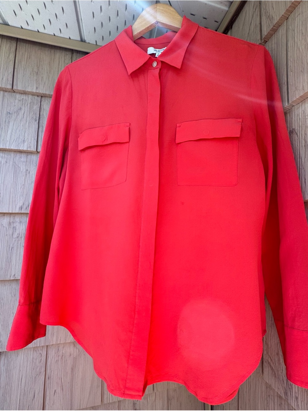 Madewell 100% Silk Coral Button-Up Cargo Pocket Blouse, Size M